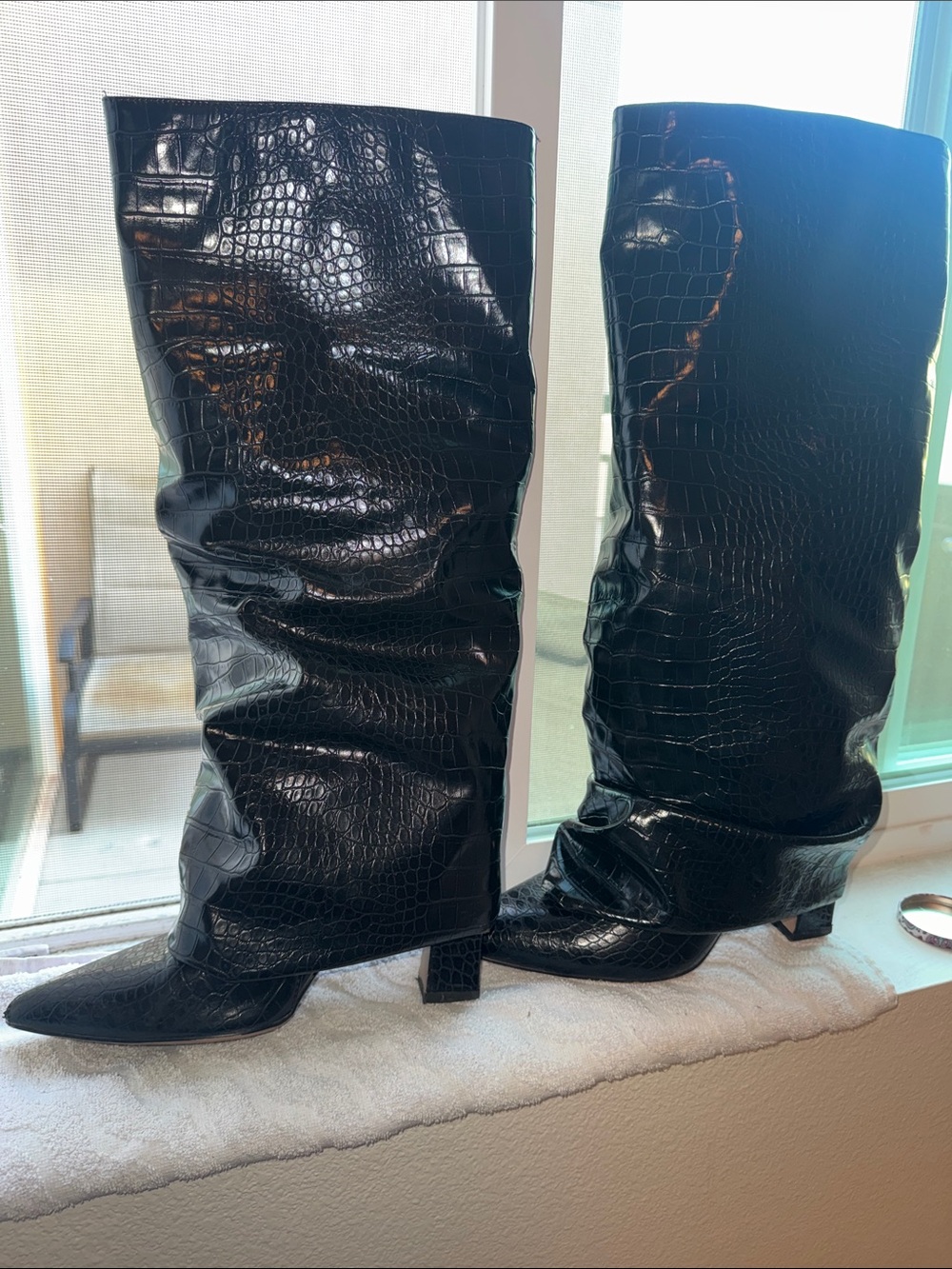 Amazon Black Croc-Embossed Over-the-Knee Boots for Women
